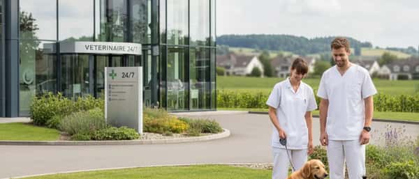 Veterinário português a examinar um golden retriever numa clínica veterinária moderna com equipamento médico
