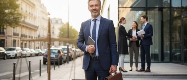 Avocat en droit immobilier examinant des documents de propriété dans un bureau parisien moderne