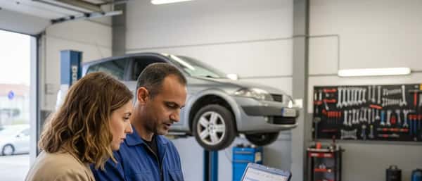 Mecânico português a explicar diagnóstico automóvel a cliente numa oficina em Lisboa