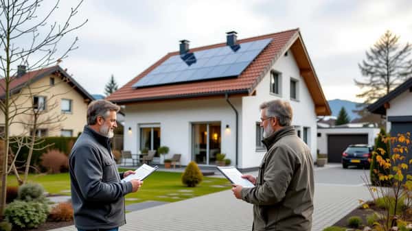 Deutsche Hausbesitzerin unterzeichnet MaStR-Anmeldeformular für ihre Photovoltaikanlage am Schreibtisch in Stuttgart