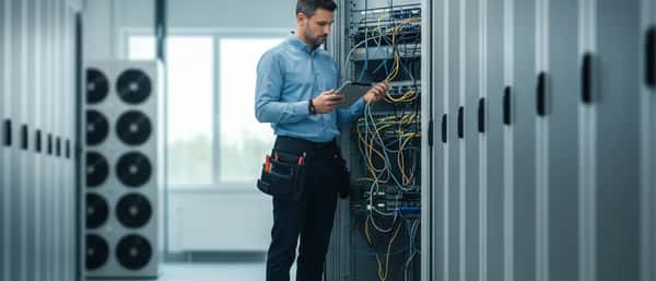 Technicien informatique français réparant un ordinateur portable avec des outils de diagnostic sur un bureau moderne