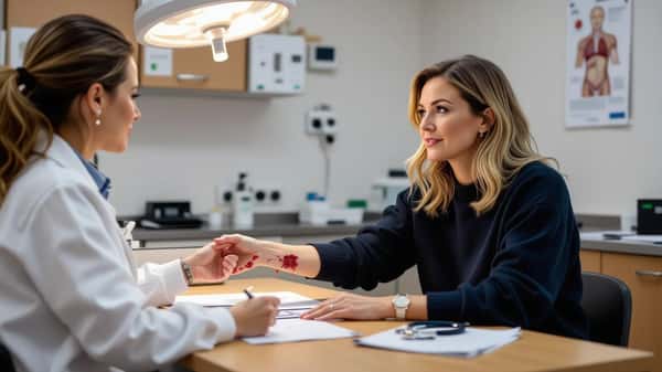 Femme montrant une morsure de chien à son médecin dans un cabinet de consultation à Nantes