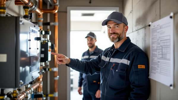 VVS-tekniker förklarar värmepumpsinstallation för kollega i mekanisk rum i Malmö, kopparrör och teknisk ritning synliga