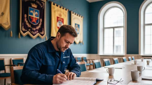 VVS-installatör i Göteborgs facklokal granskar kollektivavtal vid ett långt egebord med avtalsdokument