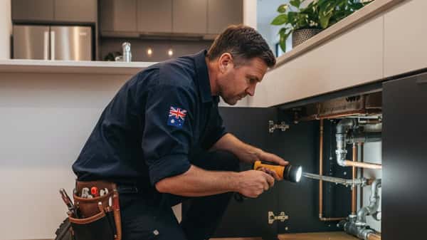 Licensed Australian plumber repairing copper pipes under a kitchen cabinet in a Melbourne home during an emergency callout