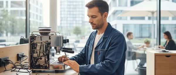 Technicien en électronique réparant un circuit imprimé dans un atelier professionnel avec station de soudure et outils organisés