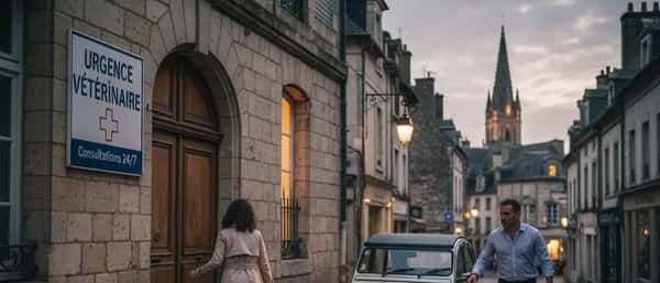 Vétérinaire examinant un golden retriever dans une clinique d'urgence canadienne la nuit