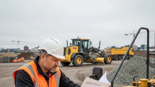 Maskinförare granskar kollektivavtal på huven av en grävmaskin vid byggarbetsplats i Göteborg
