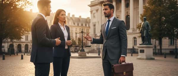 Consultation dans un cabinet d'avocat à Genève, cliente et avocat examinant des documents sur un bureau en bois