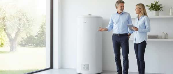 Plombier installant un chauffe-eau moderne dans une buanderie lumineuse