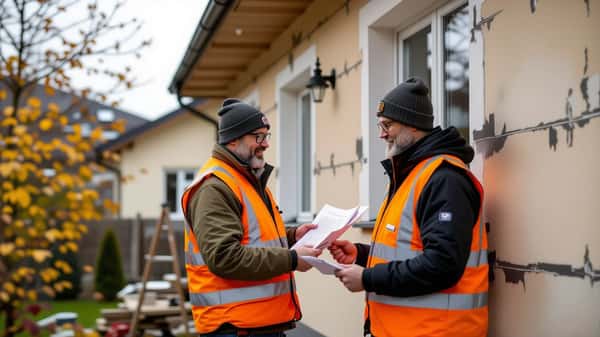 Fachmann in Sicherheitsweste inspiziert Fassadendämmung an einem Einfamilienhaus in Linz, Österreich