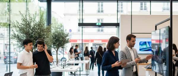 Ung kona skoðar fartölvu í rafeindavöruverslun í Reykjavík