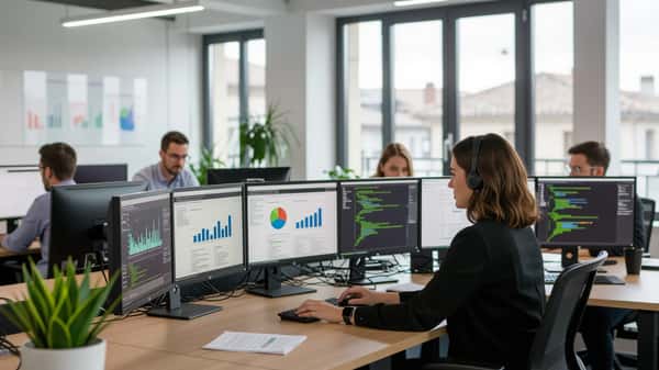 Professionnelle IT française en bureau open-space à Lyon, travaillant sur un audit RGAA avec plusieurs écrans