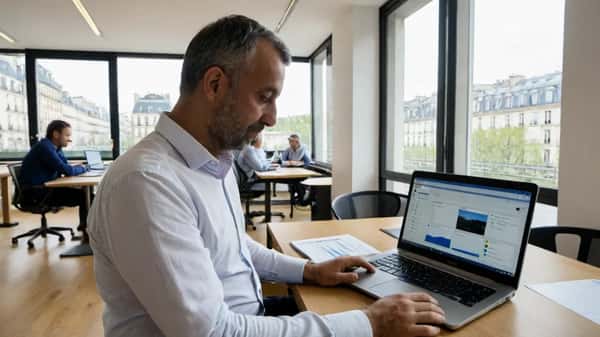 Salarié français travaillant avec des outils IA sur son ordinateur portable dans un bureau parisien