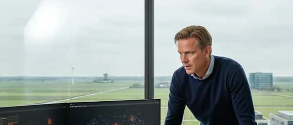 Nederlandse ondernemer bekijkt beveiligingsmelding op computerscherm in modern kantoor