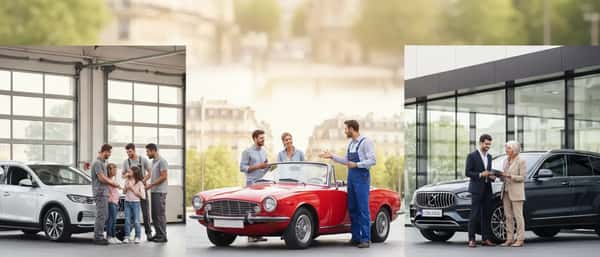 Mécanicien français en bleu de travail inspectant le dessous d'une berline dans un atelier de garage indépendant