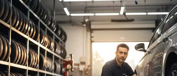 Gommista italiano al lavoro in un'officina pneumatici nella periferia di Milano, controllandendo un'auto sul ponte sollevatore