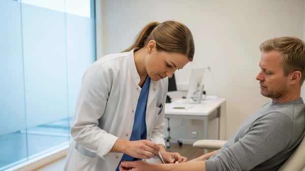 Sjukvårdspersonal utför pricktest på patientens underarm vid en svensk vårdcentral i Göteborg