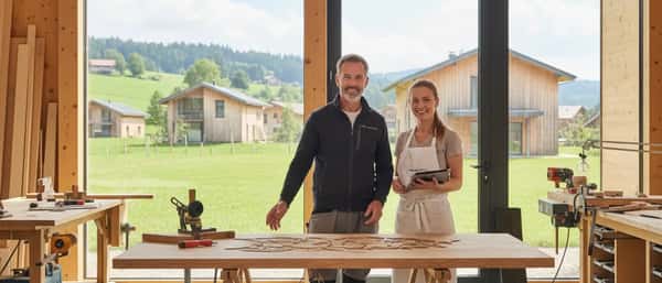 Norsk snekker som måler treplanker i et lyst moderne verksted med skandinavisk interiør