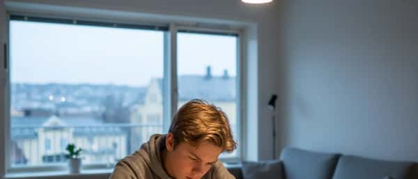 Norsk tenåring gjør lekser ved kjøkkenbordet i skandinavisk leilighet med varmt lampelys