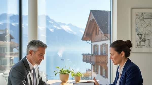 Consultation financière dans un bureau de Lausanne avec vue sur le lac Léman