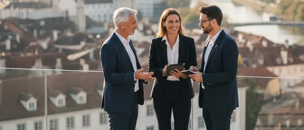 Conseiller en gestion de patrimoine analysant des graphiques d'investissement avec un couple dans un bureau parisien moderne