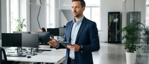 IT-professional werkt aan een bureau met twee schermen in een modern kantoor in Amsterdam met serverrack op de achtergrond