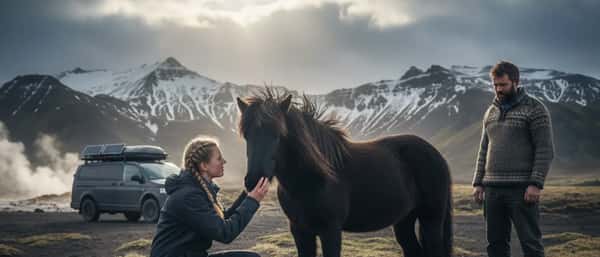 Dýralæknir skoðar golden retriever á skoðunarborði í íslenskri dýralæknastofu