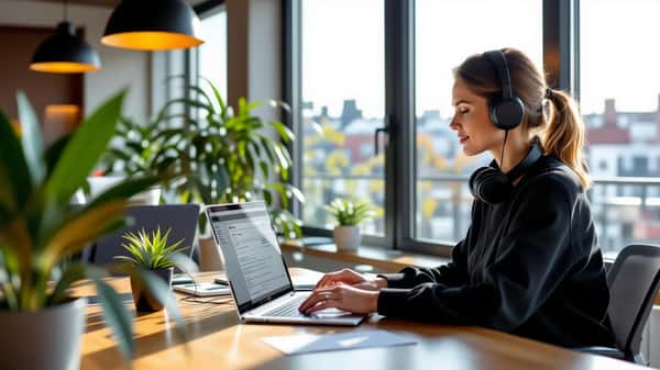 Svensk hotellmedarbetare arbetar vid ett modernt stående skrivbord i ett co-working space i Uppsala med flexibelt arbetsschema