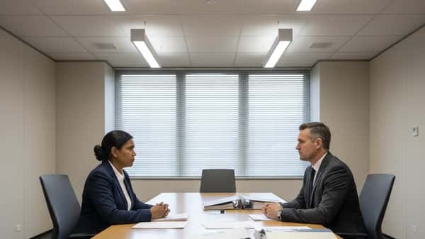 Australian woman facing government official at AAT tribunal hearing room in Canberra