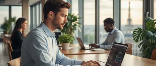 Giovane sviluppatore italiano che scrive codice su laptop in un coworking luminoso a Milano