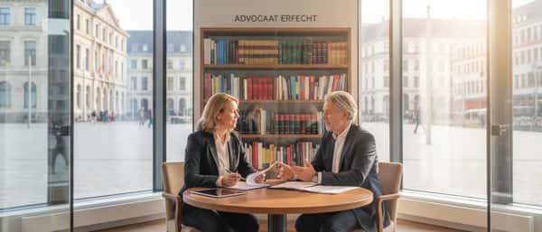 Nederlandse vrouw bespreekt erfrechtdocumenten met een advocaat aan een bureau in Amsterdam
