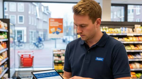 Nederlandse supermarktmedewerker raadpleegt zijn cao-rechten in 2026