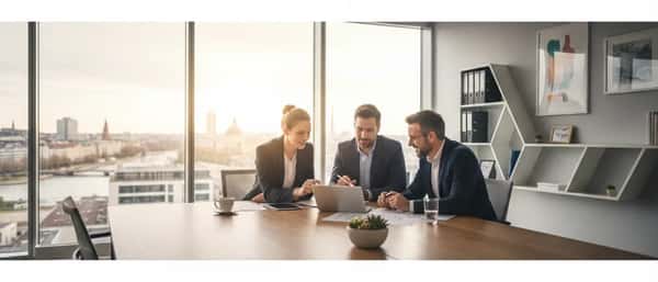 Femme consultant des documents de gestion locative sur un ordinateur portable dans un bureau lumineux