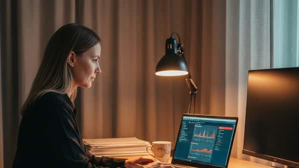 Suomalainen nainen työskentelee tietoturvan parissa kotitoimistossaan Tampereella iltavalaistuksessa