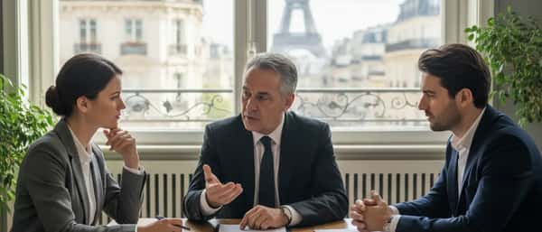 Femme consultant un avocat spécialisé en succession dans un cabinet parisien avec des codes juridiques