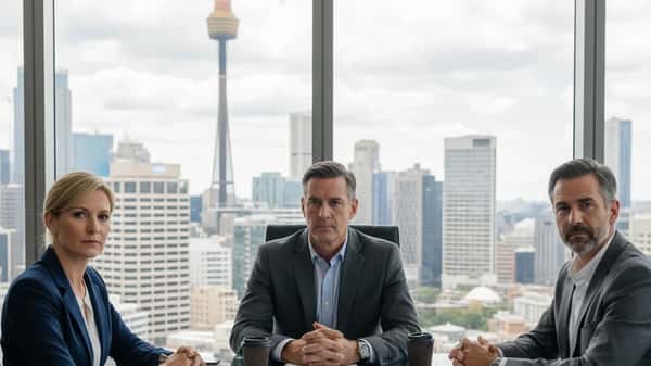 Board meeting in Sydney high-rise with Australian business professionals reviewing corporate documents