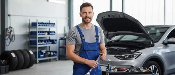 Nederlandse automonteur in blauwe overall inspecteert de onderkant van een sedan op een brug in een moderne werkplaats