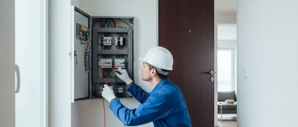 Elektriker in blauer Arbeitskleidung prüft einen Sicherungskasten in einer österreichischen Wohnung