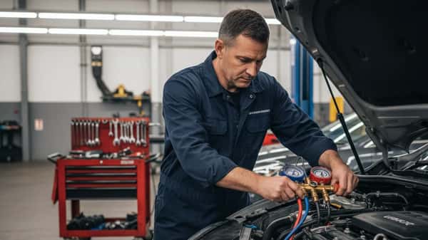 Australian mechanic connecting AC diagnostic gauge manifolds to a car engine in a Brisbane workshop, bonnet open, professional repair atmosphere