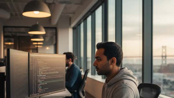 Latino web developer coding at a dual-monitor desk in a modern Austin office with React code visible on screens