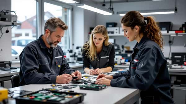 Dansk elektronik-reparatør og kunde på værksted i Aarhus – smartphone repareres på arbejdsbænk med præcisionsværktøj