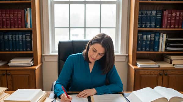 Professional woman reviewing Connecticut employment law documents at a desk in a Stamford home office, overcast natural light