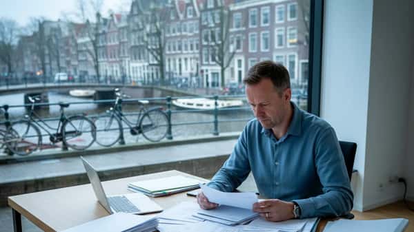 Nederlandse man bestudeert belastingdocumenten aan een thuisbureau met uitzicht op Amsterdamse grachtenpanden