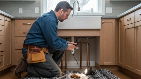 Artisan plombier réparant une canalisation sous un évier dans une cuisine de banlieue québécoise en hiver