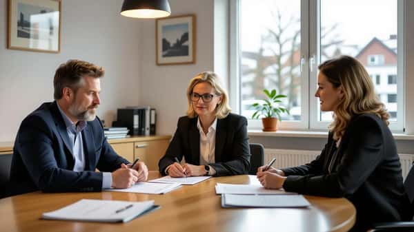 Suomalainen työntekijä ja lakimies istuvat vastakkain tamperelaisessa ammattiliiton neuvotteluhuoneessa, työsopimus pöydällä, Nordic-valo ikkunasta