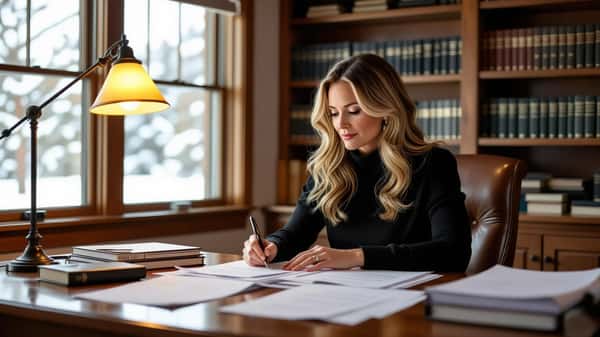 Wyoming paralegal in Cheyenne home office annotating stacked labor law documents under warm tungsten evening light
