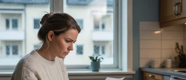 Norsk kvinne leser leiekontrakt ved kjøkkenbord i Oslo-leilighet med regntungt vindu