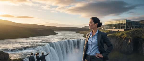 Íslenskur lögfræðingur í dökkbláum ullarblazer útskýrir lagalegt mál við skjólstæðing á skrifstofu í Reykjavík