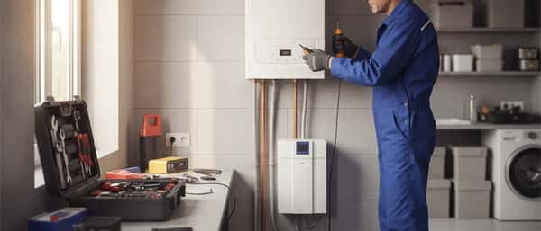 Chauffagiste français en bleu de travail inspectant une chaudière gaz à condensation moderne